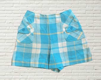 Vintage 60s 70s Wool Shorts - Light Blue Plaid Print Hot Pants - size Xs - mod gogo