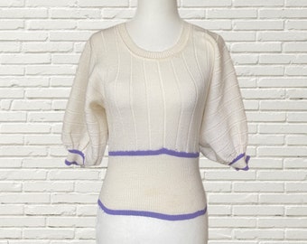 Vintage 70s Puff Sleeve Sweater with Purple Trim - Tradewinds International size L