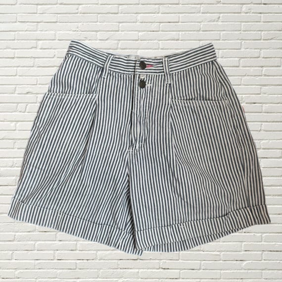 80s 〜 stripe slacks shorts Vintage 80s 90s Striped Denim Shorts - Blue and White Stripe Print