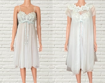 Vintage 60s Warners White Chiffon and Lace Peignoir Slip and Robe Set
