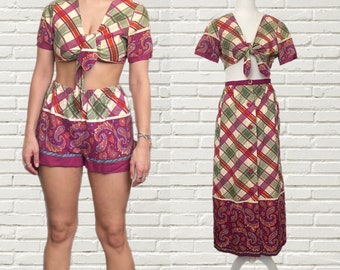 Vintage 70s 3 Piece Set - Crop Top, Hot Shorts, & Maxi Skirt - Cotton Paisley Print - Dotti
