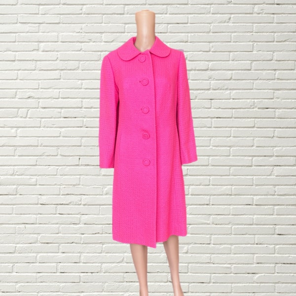 Vintage 60s Mod Hot Pink Wool Coat - Mid length collared Size s