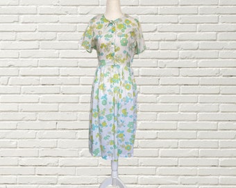 Vintage 50s Floral Print Cotton Day Dress / Swing Dress - white blue green cartoon floral print - size s/m