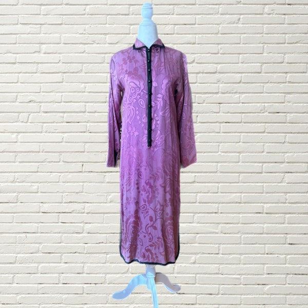 Vintage 70s SAINT LAURENT Floral Print Silk Midi Dress - Pink Purple - size Xs
