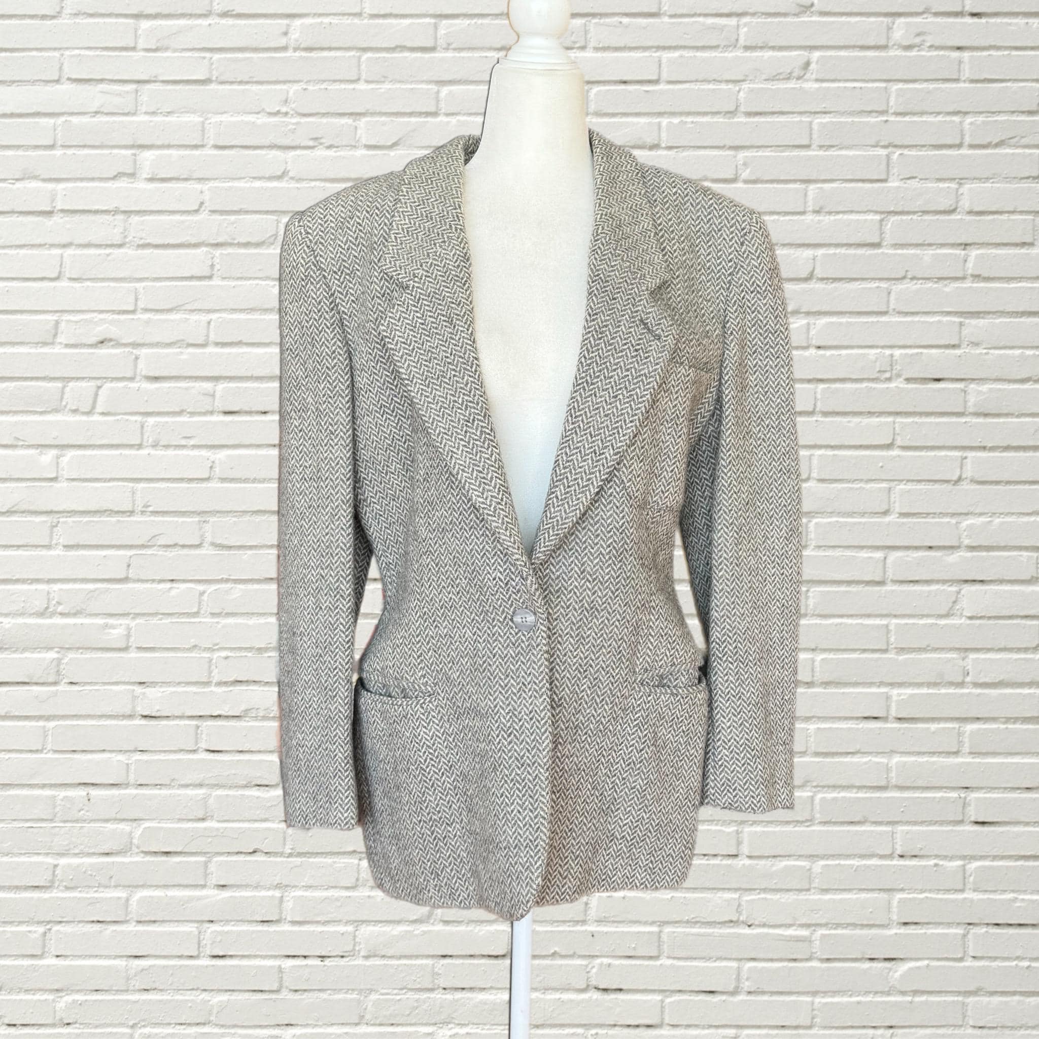 Vintage 80s Emporio Armani Wool Blazer Jacket - Grey White 