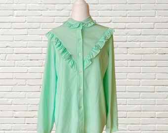 Vintage 70s Prairie Blouse - Mint Green Ruffle Collar Long SleeVe poly Blouse size s