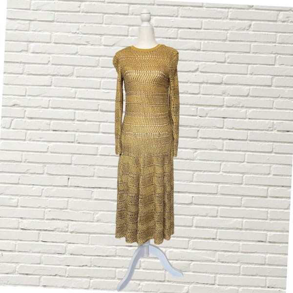 Y2K St. John Gold Metallic Knit Maxi Dress size 2 long sleeve