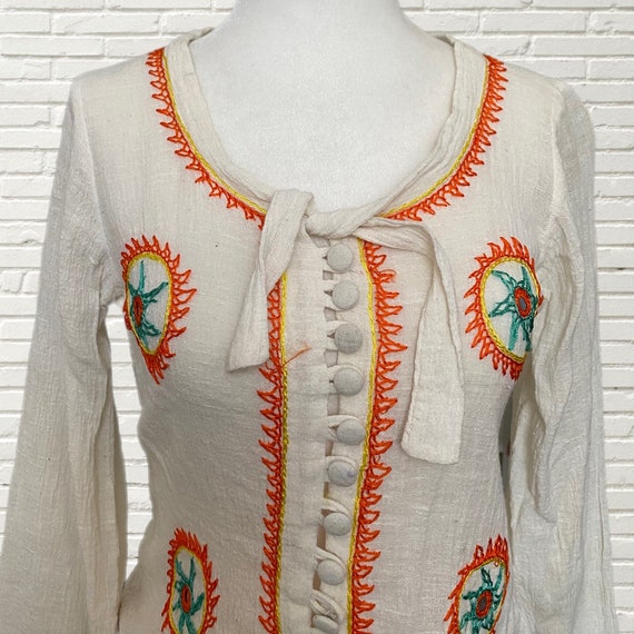 Vintage 70s Indian Cotton Gauze Blouse Orange Emb… - image 2