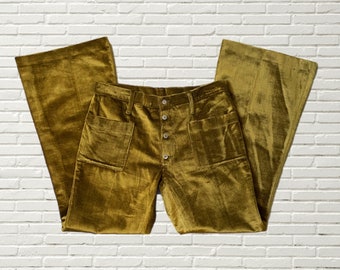 Vintage 70s Gold Velvet Bell Bottom Pants - Hip Hugger Button Fly - size s/m