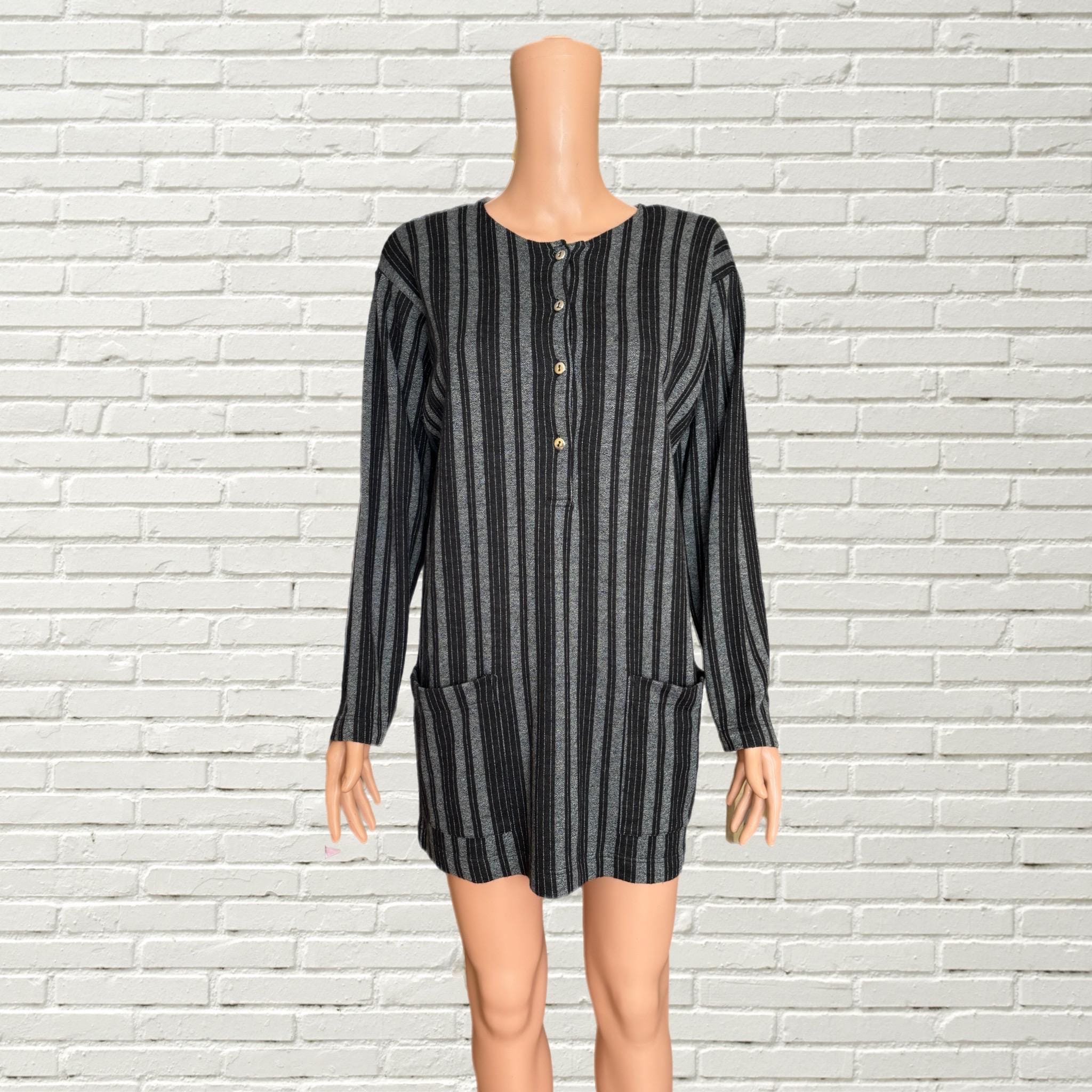 Benetton, Vintage 80s United Colors of Benetton Mini Dress - Black Grey striped - punk grunge