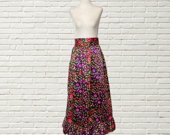 Vintage 60s Maxi Skirt - Floral Print Flower Power Satin Maxi Skirt - Ruffle Hem - Size s