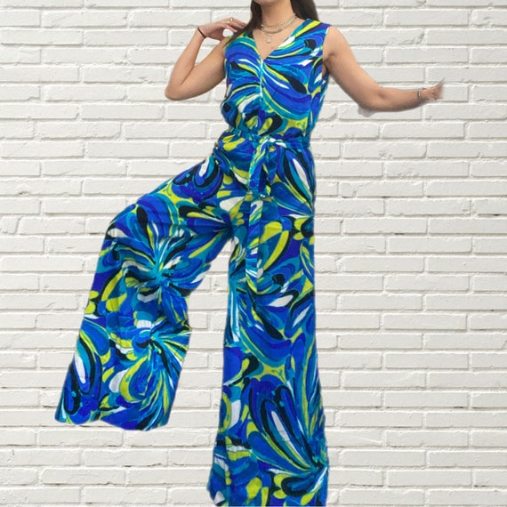 Vintage 70s Jumpsuit - Blue Green Abstract Swirl … - image 1