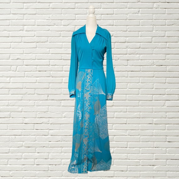 Vintage 70s Alfred Shaheen Maxi Dress - Blue Long… - image 1