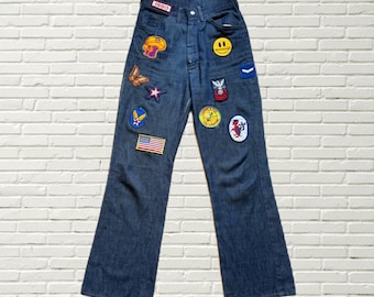 Vintage 70er Jahre Patchwork Jeans - Dark Was Denim Schlagjeans Vintage Patches - Hippie Folklore OOAK