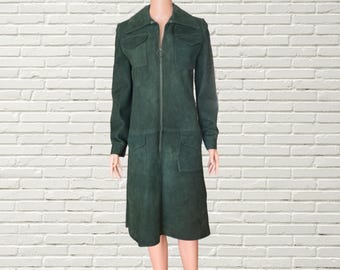 Vintage 70s Green Suede Leather Dress - Long Sleeve O-Ring Zip Midi Dress - Mod Hippie