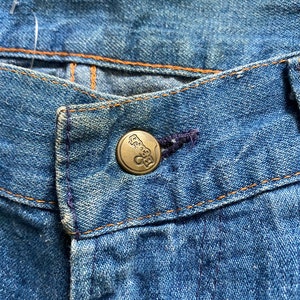 May include: Close-up of a pair of blue denim jeans with a metal button featuring a logo. The button is located at the top of the zipper fly.