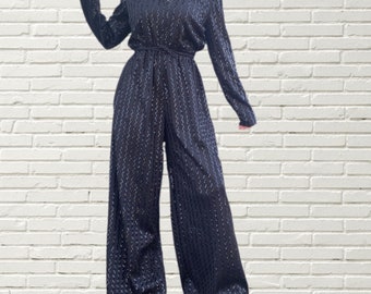 Vintage 70s - 80s Jumpsuit - Black Sequin Disco Long Sleeve with Palazzo Pant - lee jordan