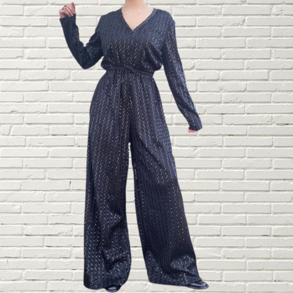 Vintage 70s - 80s Jumpsuit - Black Sequin Disco L… - image 1