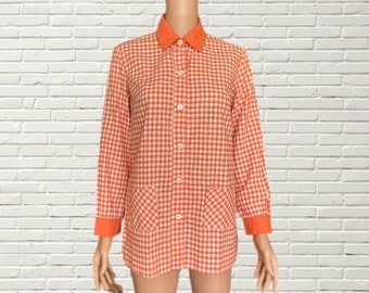 Vintage 60s Orange & Whitw Gingham Print Cotton Blouse - Long Sleeve Collared Spring Xs/s