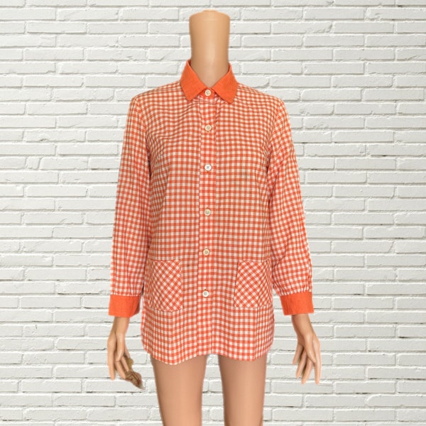 Vintage 60s Orange & Whitw Gingham Print Cotton Blouse - Long Sleeve Collared Spring Xs/s