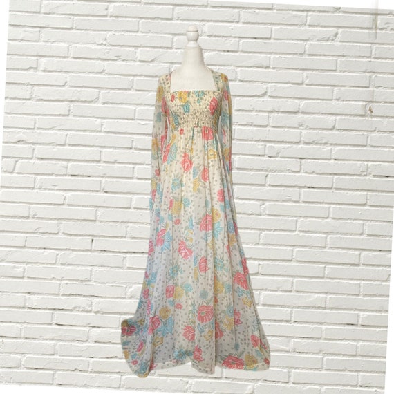 Vintage 70s Maxi Dress - Floral Print Gauze Cotto… - image 1