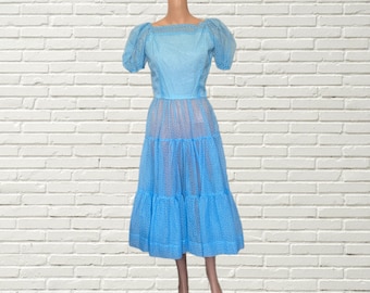 Vintage 50s Dress - Blue Sheer Swiss Dot Swing Dress Puffy Poof Sleeve - Xs