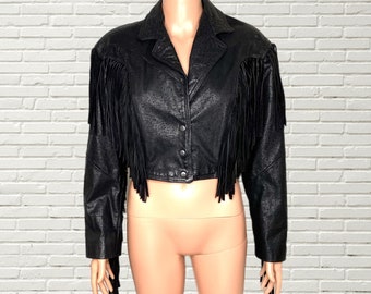 Vintage 80s Black Cropped Fringe Leather Jacket - Comint size Xs/s