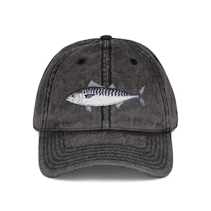 Embroidered Vintage Fisherman Hat, Mackerel Embroidery, Ocean Lover Gift, Fishing Apparel, Dad Hat cap