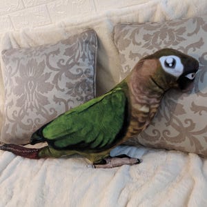 Op de afbeelding: Een knuffel in de vorm van een groenwangparkiet met realistische geprinte veren in tinten groen, bruin en beige. De vogel heeft een donkere kop, witte oogvlekken, een gebogen snavel en gedetailleerde pootjes als zacht pluche speelgoed.