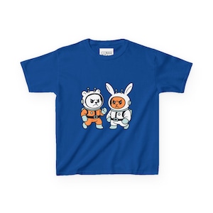 Camiseta infantil de aventura espacial de conejito y oso, linda camiseta de dibujos animados, camiseta de astronauta, ropa divertida para niños, regalo de cumpleaños perfecto