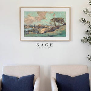 Pintura al óleo vintage de paisaje francés / Arte mural en verde azulado / Descarga digital / Varios tamaños imagen 5