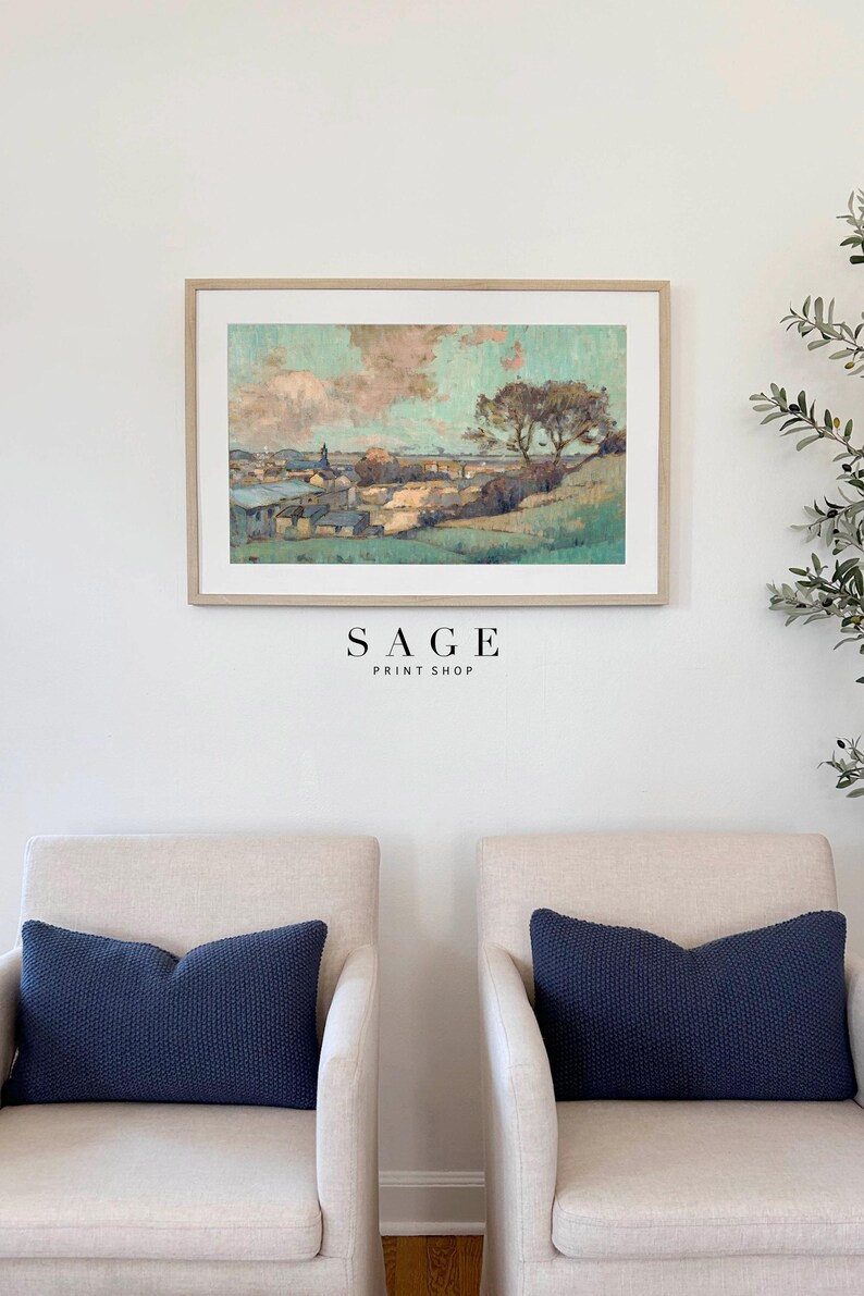 Pintura al óleo vintage de paisaje francés / Arte mural en verde azulado / Descarga digital / Varios tamaños imagen 5