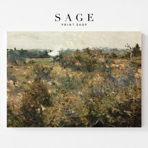 Puede incluir: Una pintura de paisaje impresionista que representa un campo de hierba alta y follaje en tonos marrones, verdes y amarillos. El cielo es de un color pálido y neutro. El texto "SAGE PRINT SHOP" está en la parte superior.