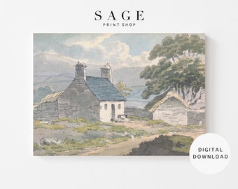 Stone Cottage Watercolor Painting | Vintage Landscape Wall Art (Digital Download)
