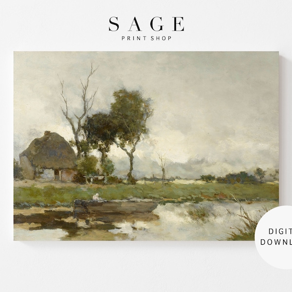 On the Lake Vintage Oil Painting | Thatched Roof House on the Lake | Digital Download | 099