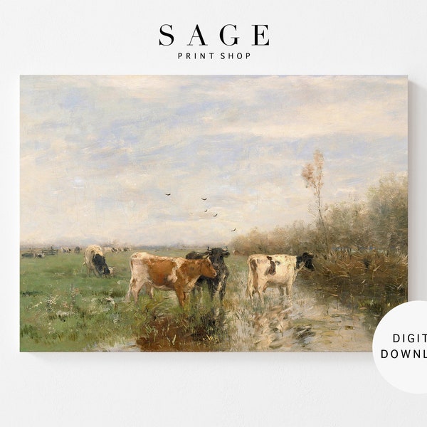 Cows in a Pasture Oil Painting | Farm Landscape Wall Art | Vintage Wall Art | Cottage Art | Printable | 046