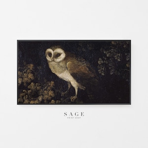 May include: A vintage painting of a brown and white owl perched on a branch in a dark forest setting. The owl has large, yellow eyes and a detailed feather pattern.