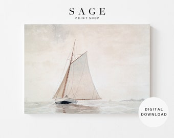 Pintura de acuarela de un velero vintage / Arte mural costero (Descarga digital)