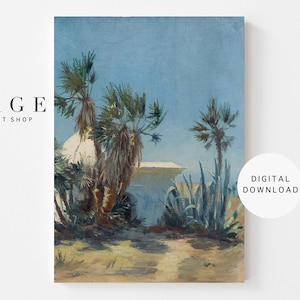Palm Tree Landscape Oil Painting | Tropical Wall Art | Vintage Tropical Landscape Painting | Printable | 044