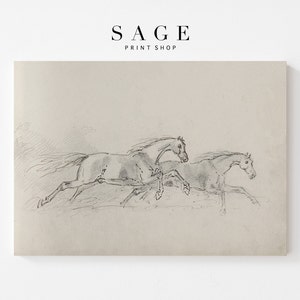 Vintage Horse Wall Art, Running Horses Pencil Sketch, Race Horses Digital Download