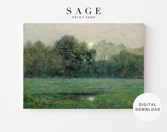 Pintura al óleo vintage de pradera verde / Arte paisajístico (Descarga digital)