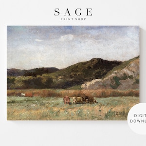 Farmhouse Wall Art | Grazing Cows near a Hillside Oil Painting | Vintage Wall Art | Printable | 052