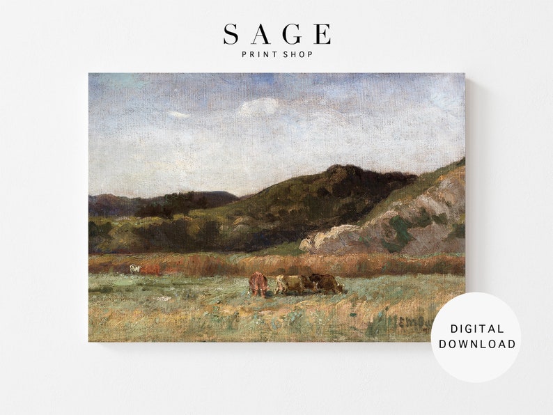 May include: A painting of a rural landscape with rolling hills and a cloudy sky. A group of cows graze in a field in the foreground.