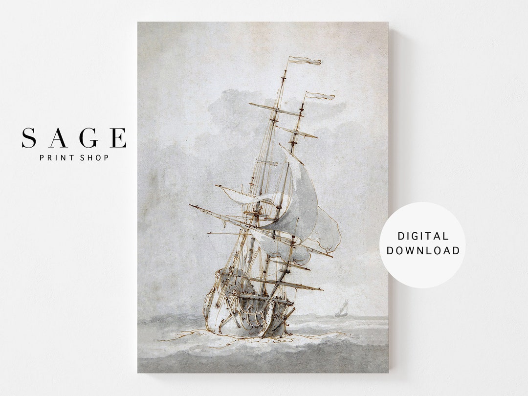 Vintage Ship Watercolor Painting | Coastal Sailboat Art (digital ...