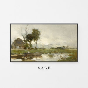 Frame TV Art Lake Landscape | House on the Lake Vintage Oil Painting | Digital Download | 125