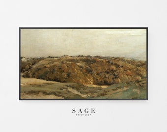 May include: A painting of a landscape with rolling hills and trees in shades of brown, green, and yellow. The sky is a light gray.