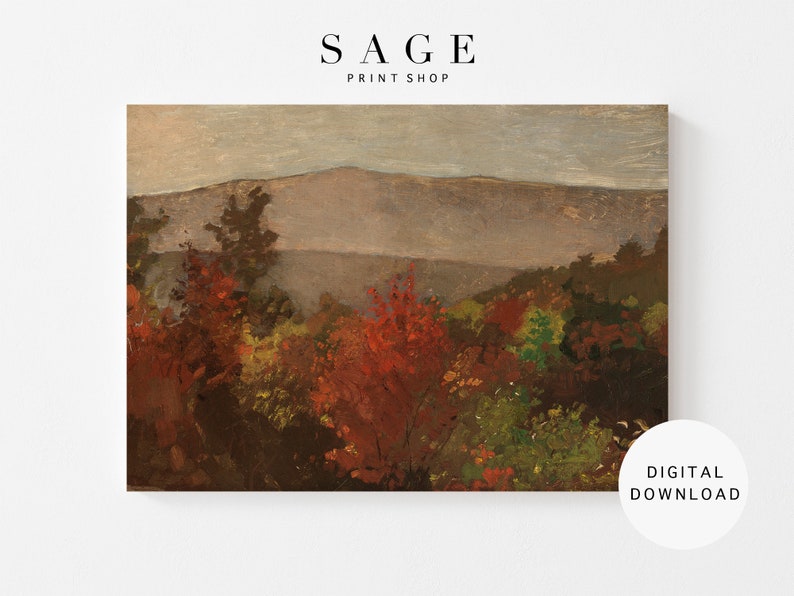 K&ouml;nnte beinhalten: Ein digitaler Download eines Gem&auml;ldes, das eine Landschaft mit einem Gebirge im Hintergrund und einem Wald im Vordergrund zeigt. Die B&auml;ume sind haupts&auml;chlich gr&uuml;n mit einigen roten und gelben Bl&auml;ttern. Der Himmel ist hellblau.