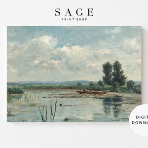 Lake Landscape Wall Art | Rowboat on the Lake Vintage Oil Painting | Vintage Wall Art | Printable | 049