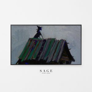 May include: An abstract painting of a witch on a rooftop, framed in black. The roof is green and gray, with a dark silhouette of a witch in a pointed hat. The background is a cloudy, muted blue. The text "SAGE PRINT SHOP" is at the bottom.
