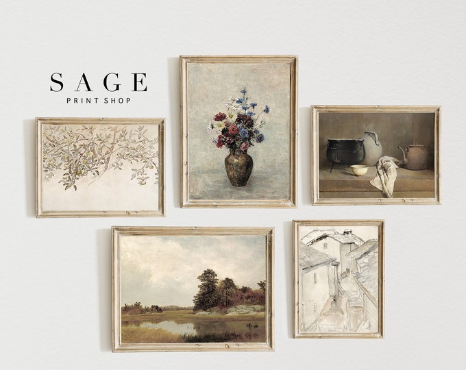 Vintage Neutral Gallery Wall Prints | Country Muted Art SET of 5 ...